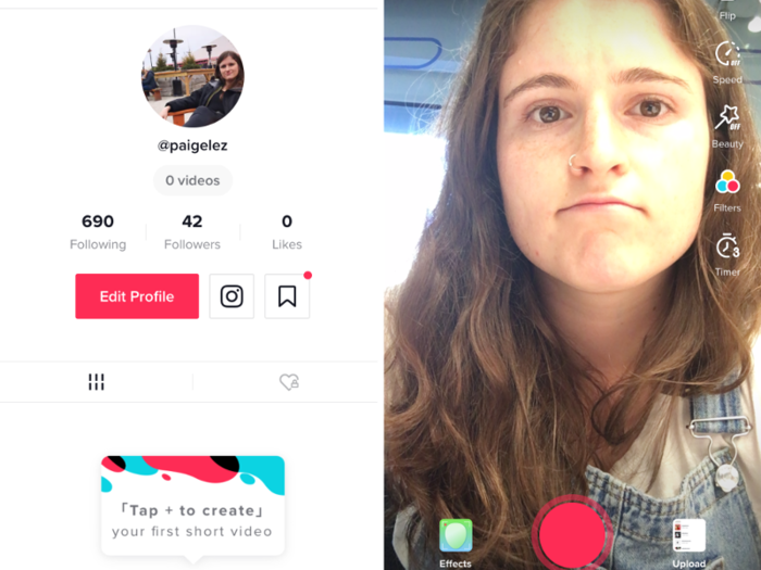 Now, for creating your own content. To create a TikTok video, click on black square in the middle of the menu bar. Doing so will open up your camera and all of the features available to use within your video.