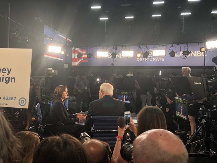 Though Biden is the frontrunner, all eyes were on Sen. Kamala Harris when she entered the Spin Room. Harris had one of the strongest performances of the night and the room exploded with excitement when she entered.