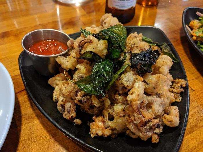 There was a special the day I was there — a tempura-battered octopus with homemade Sriracha sauce. The Thai basil on top was also deep fried, thus the wilted look.