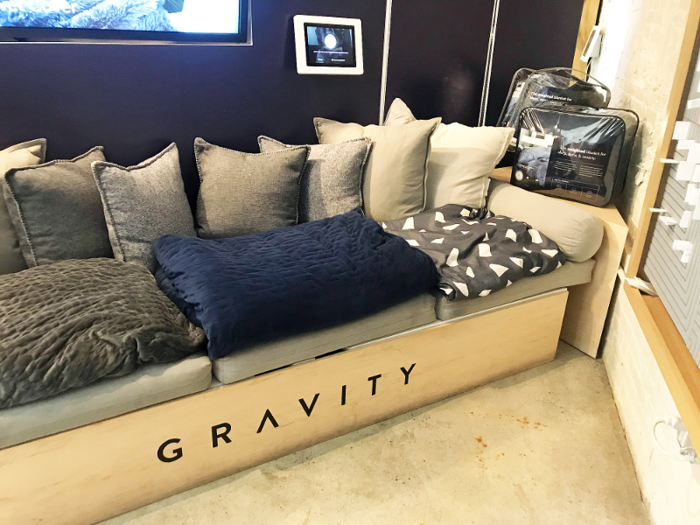 After sitting on this couch with a Gravity weighted-blanket atop me, I was so comfortable I could barely move and was extremely tempted to purchase one until I saw the price tag — $349.