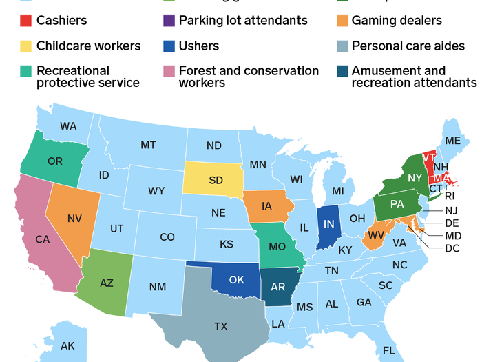 In many states, the lowest-paying occupation as measured by average annual wages is in the food-service industry.