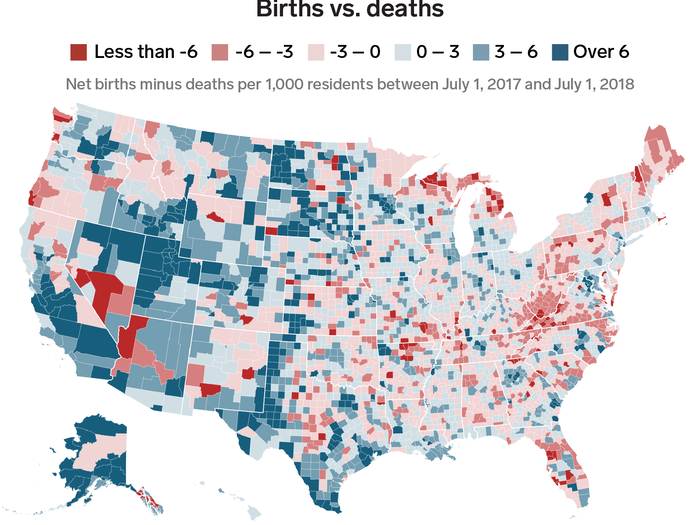 Between 2017 and 2018, more people died than were born in 1,342 of the country