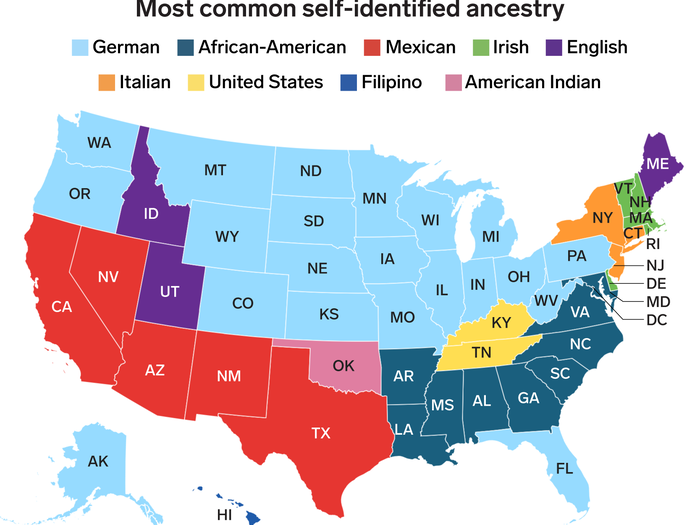 Americans trace their roots from all over the world. In most Northern states, a plurality of residents described themselves as having German ancestry, while more residents of states along the US-Mexico border described themselves as Mexican. African-American was the most common self-identified ancestry throughout much of the Deep South.