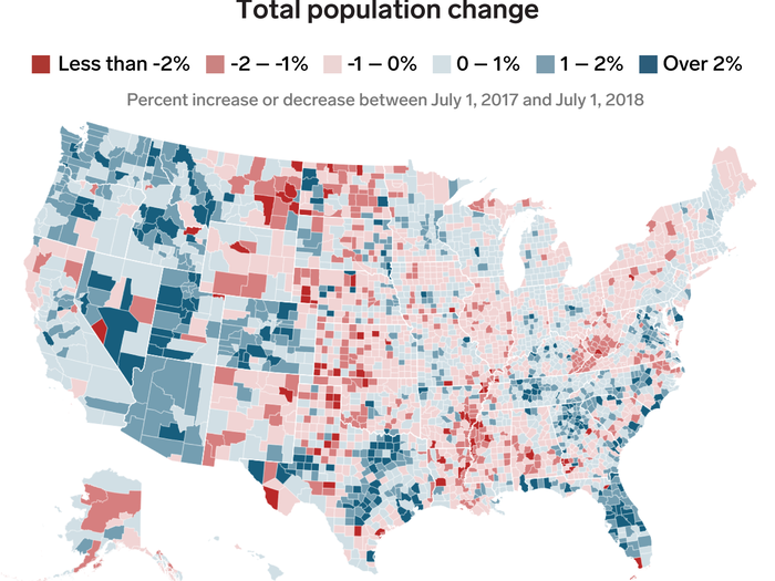 Big cities in the South and West are quickly increasing in size, while more sparsely populated areas and Northern counties are growing more slowly or shrinking in population.