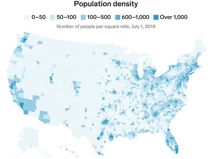 The United States is a massive country, and its 327 million people are scattered across a vast expanse of land. This map shows how many people per square mile live in each county, with the darker blue indicating big cities and their suburbs: