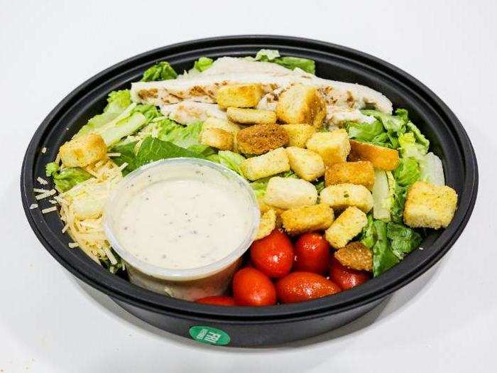 CHICKEN CAESAR SALAD, $3.99 — Chicken, croutons, tomatoes, chicken, and cheese. Time for another lactose pill.