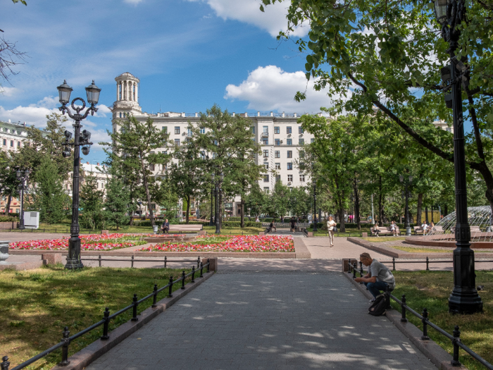 Across the boulevard from the Pushkin statue is another beautiful little park with colorful flowers and a fountain.