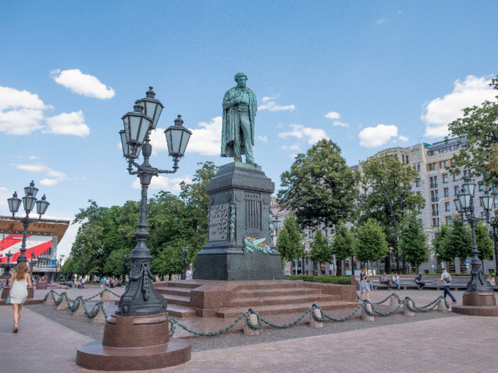 On a recent trip to Russia, I walked most of Tverskaya Street. I started my walk at Pushkin Square, which features a bronze statue of famous Russian writer Alexander Pushkin in the center of a small park.