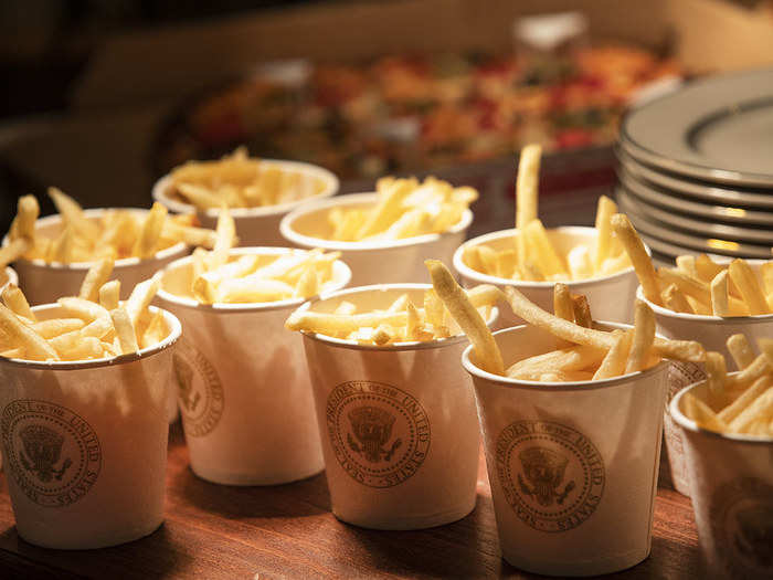 Even the french fries were presented in cups with the presidential seal on them.