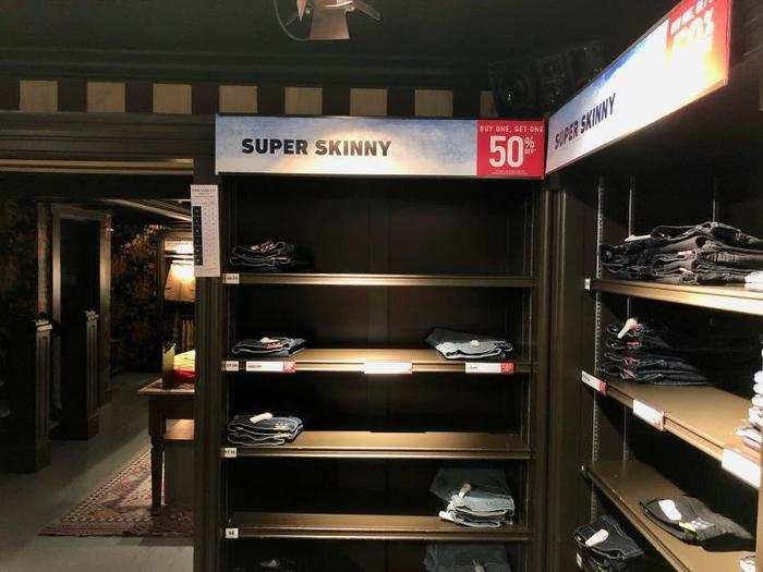 With 50% off certain items, we were hardly surprised. The jeans shelves were almost completely empty — the deals were doing their job.