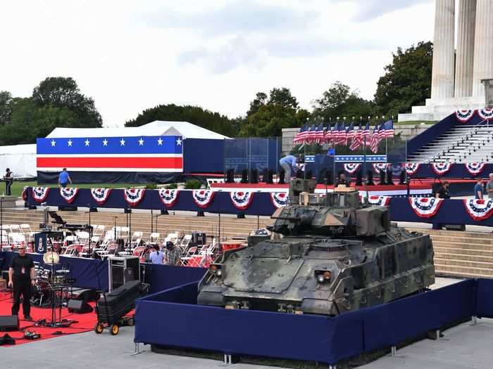 The military showed off its might, including two 25-ton Bradley Fighting Vehicles stationed outside the entrance of the Lincoln Memorial.