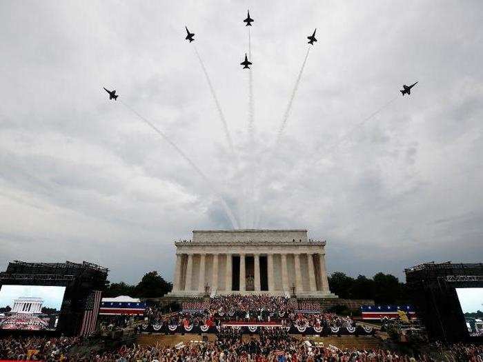 The aircraft flew overhead once in a tight formation, then took a second pass where they split off.