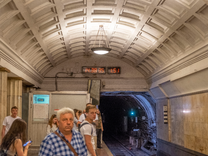 LED clocks on the platform displayed both the current time and the total elapsed time since the last train left the station. According to this clock, my train came just over two minutes after the last train left. Moscow metro trains have an average speed of more than 25 miles per hour, while NYC subway trains travel at an average 17 miles per hour.