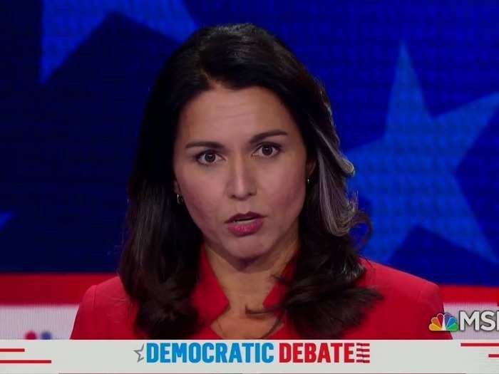  In the first democratic debate for 2019, Gabbard confused people by responding to a question on equal pay by discussing national security issues. "I enlisted in the Army National Guard after the Al-Qaeda terror attacks on 9/11, so I could go after those who attacked us on that day," she said. 