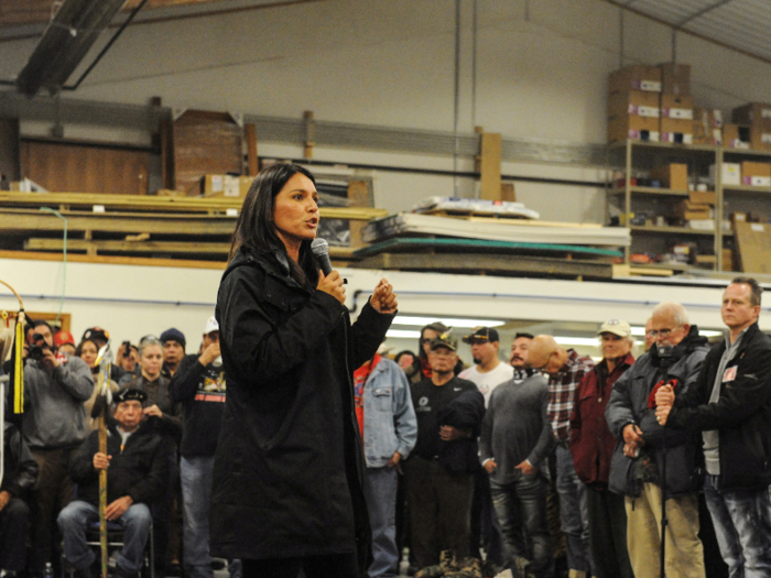 Gabbard kicked off her campaign with an anti-war speech, and pointed the finger at both parties, saying both "never tire of war".