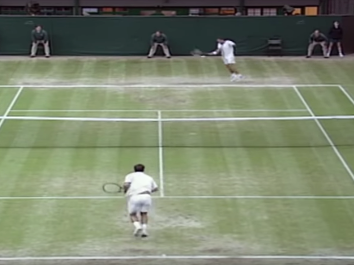 2000 (Pete Sampras defeated Pat Rafter) — By the early 2000s, approaching the net was no longer a primary strategy, but was still often used by players as a change of pace or as a surprise. As a result, the bounces on shots from the baseline were more predictable.