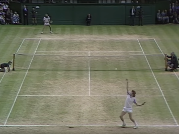 1980 (Björn Borg defeated John McEnroe) — The wear pattern is still widespread, but in the area between the baseline and the net, the dead spots are more centered as players typically rushed the net up the middle before moving side to side.