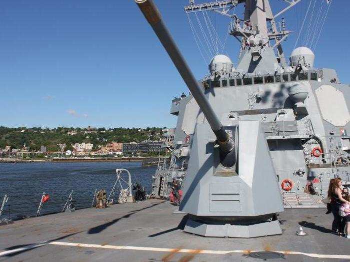 The MK 54 Mod 4 5-inch gun aboard the Dunham has a longer barrel than its predecessor, the Mod 2, improving the Mod 4