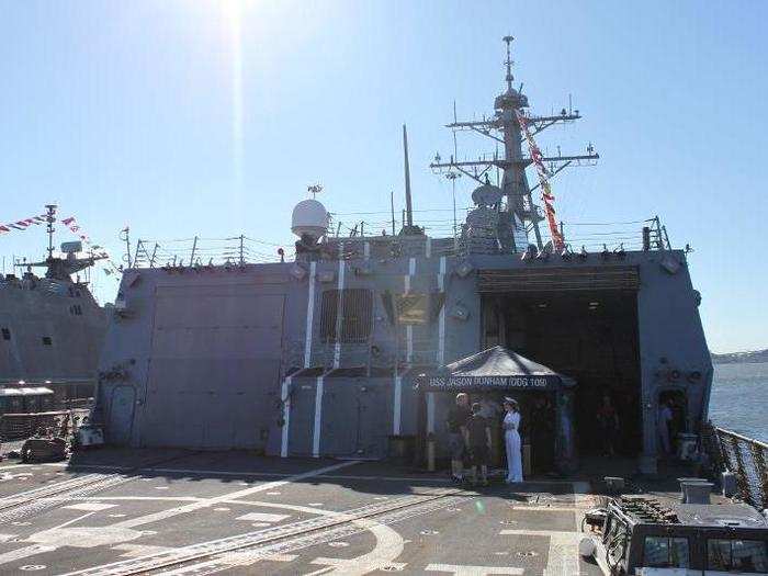 Fleet Week visitors boarding the Dunham first stepped onto the flight deck, which is crossed by a track used to move the ship