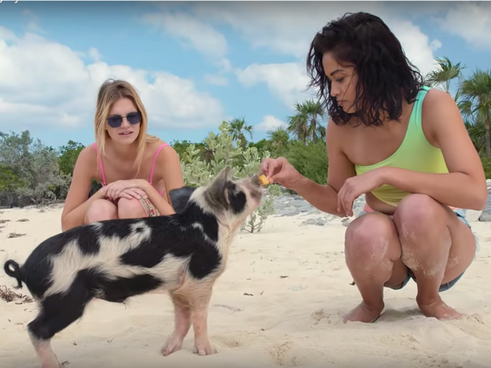 The team even made sure to shoot the models with some of the feral pigs known to inhabit an island in the Bahamas — though not even on the same island where the video was shot.