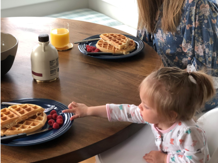 At about 6:30 a.m., Holden eats breakfast, either at home or sometimes at Becky