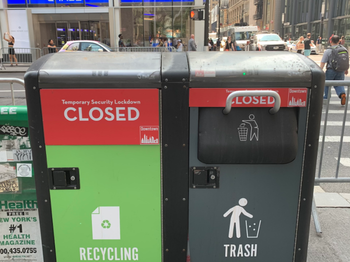 All trash cans along Broadway were locked up for safety.