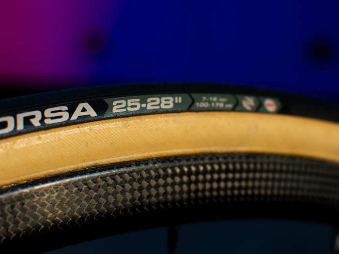 The team rides Vittoria Corsa tubular tires, 25 mm wide. All the tires are pumped to about 100 psi, or 7 bar.