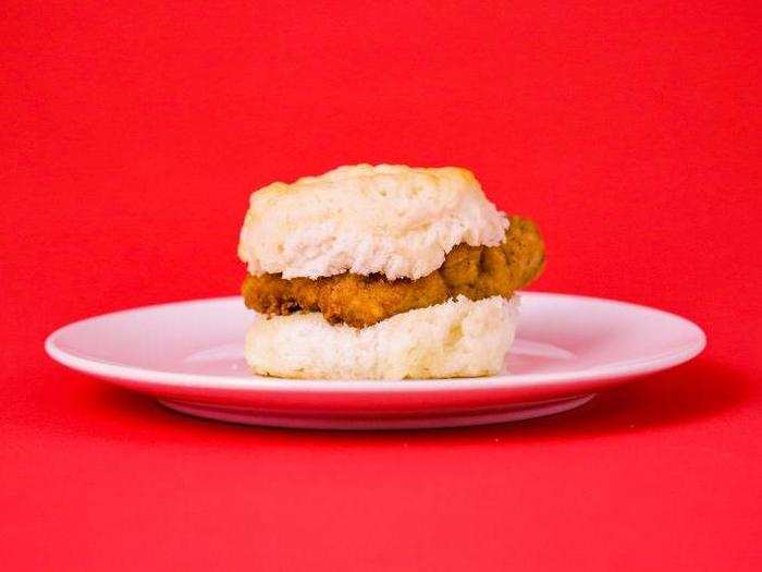 CHICK-FIL-A — CHICKEN BISCUIT, $3.59: This small but tall biscuit is so beige it makes me nervous.