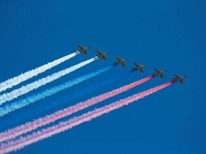 Russian fighter jets practice for the Victory Day parade, in which Russia celebrates victory over Nazi Germany in 1945.