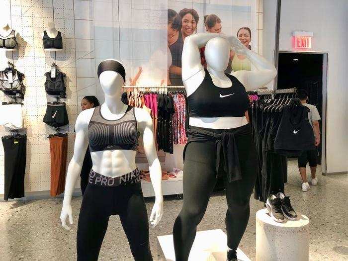 We found the famous plus-size mannequin and a section of plus-size items, including a pink sports bra for $75.