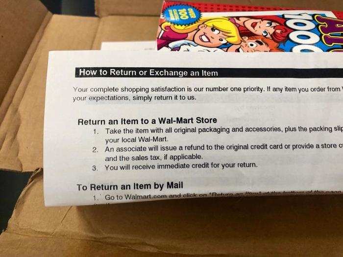 I had two packages from Walmart. The first one was the "Archie" book with a handy note explaining the return policy.