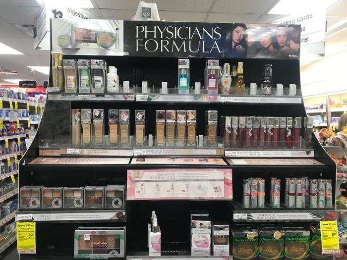 The beauty aisle was tucked away in the back, though we found a few standalone displays scattered along the way, like this one for Physicians Formula products ...