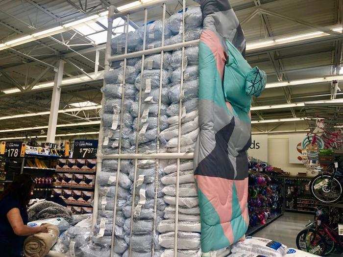 This odd display was meant to show off a bedspread, but the effect was off-putting.