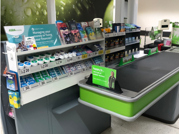 The Asda checkouts were bare compared to their counterparts at Walmart, offering just a few sticks of gum and some batteries.