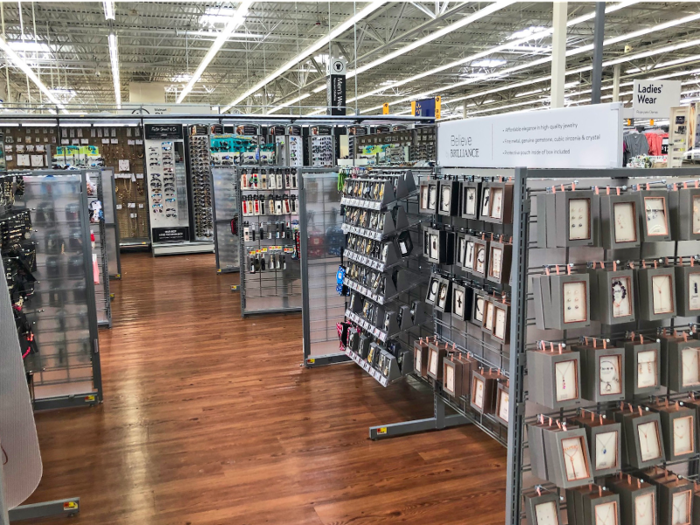 Fitness trackers — part-tech, part-jewelry — were on display in the accessories section of the Walmart we visited. This section had a lot of jewelry, bags, and eyeglass frames. Walmart won here, as Asda didn