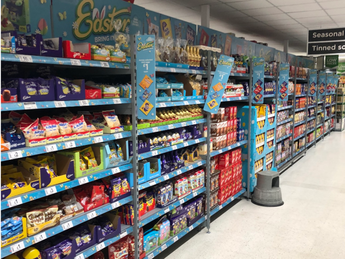 Moving through the store, we saw lots of holiday swag. Even though Easter was still months away at the time of our visit to Asda, the UK store had a full aisle of chocolate eggs, bunnies, and more.