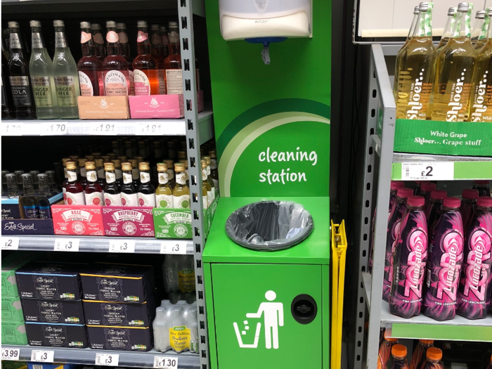 Certain aisles in Asda that had lots of liquids, like the soda aisle, also had cleaning stations situated between shelves. There were none of these stations at the Walmart we visited — Asda got points for encouraging cleanliness.