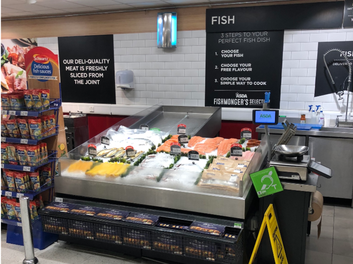 The backs of UK supermarkets are often organized into fishmongers, butchers, bakers, and deli counters where customers can ask for specific cuts, and this Asda was no different. Supermarkets in the US are often laid out in the same way.