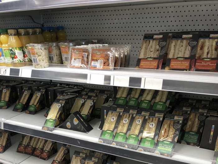 At Asda in the UK, there were a couple of fridges near the entrance, holding sandwiches, snacks, and drinks for hungry workers who wanted to come in for a quick bite. While multi-buy "meal deals" — sandwich, chips, and a drink for a fixed price — are a big part of UK lunch culture, Asda says its prices are so reasonable that it doesn