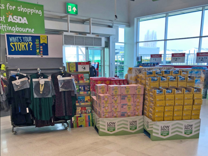 Once we stepped inside Asda in the UK, we saw the entrance was filled with bulk buys and special offers, including school clothes for kids.