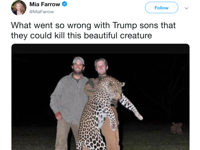 In 2012, photos of Eric and Don Jr. hunting in Zimbabwe in 2011 surfaced. They showed the pair with a dead elephant and leopard. These photos continued to haunt the brothers, and brought new criticism from celebrities, including Mia Farrow in 2015 and Jim Carrey in 2018. Don Jr. told Forbes the elephants were overpopulated, and needed to be hunted to prevent further habitat destruction, and leopards weren