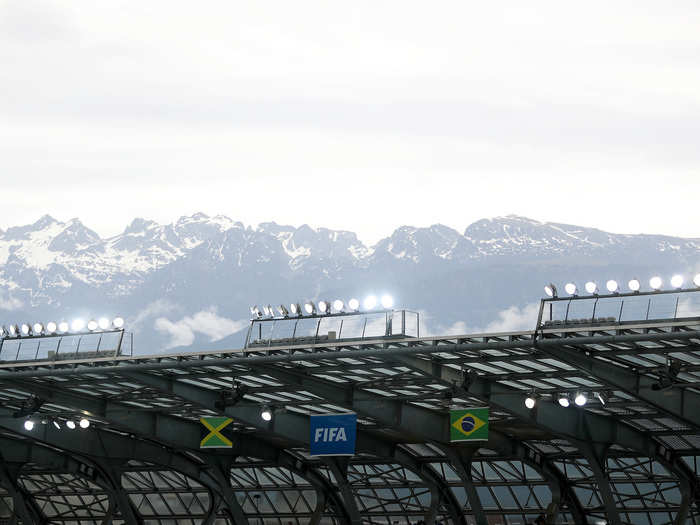 ... and the distant, snow-capped mountains outside the stadium in Grenoble.