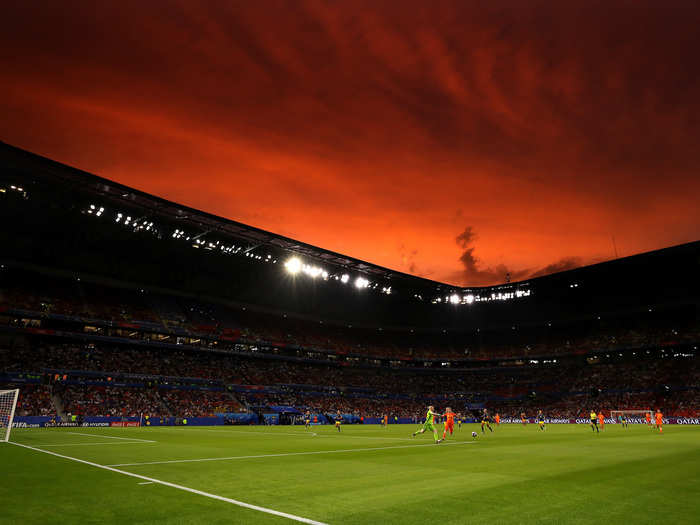 We got to see the stunning sunset sky outside Stade de Lyon in Lyon, France ...