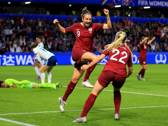 Another photographer captured Jodie Taylor and Beth Mead of England celebrating a goal while the Team Argentina goalkeeper lays face down with her head in her hands.