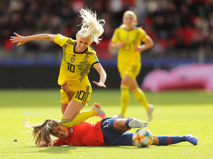 Just as photographers captured players on their way up, they also got them on their way down. Javiera Toro of Chile challenged Sofia Jakobsson of Sweden, which ended in Jakobsson toppling over her opponent.