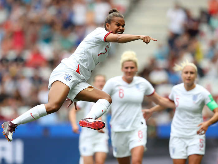 Nikita Parris of England took flight as she celebrated her goal in the early stages of the tournament.