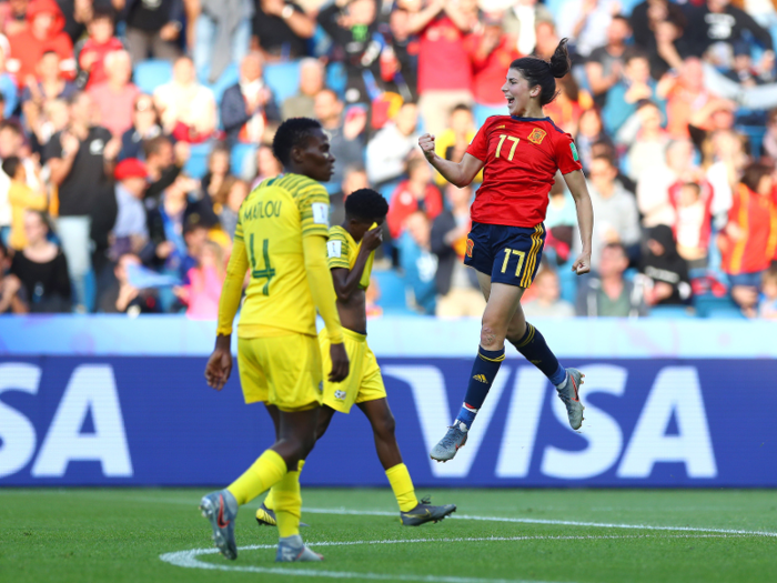 Lucia Garcia of Spain was caught mid-victory leap as she celebrated scoring a goal against South Africa.