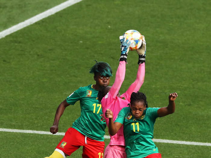 ... and the time Annette Ngo Ndom, the goalkeeper for Team Cameroon, got pinned between two of her own teammates while making a save.