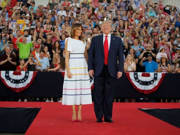 While presiding over the all-American July 4 celebration that included military tanks, Melania raised eyebrows when she wore a rainbow dress and shoes instead of the expected red, white, and blue.