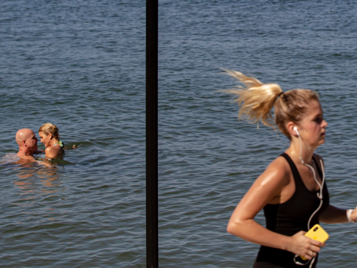 In Chicago, a couple kept cool together in Lake Michigan, while a brave woman continued to exercise.